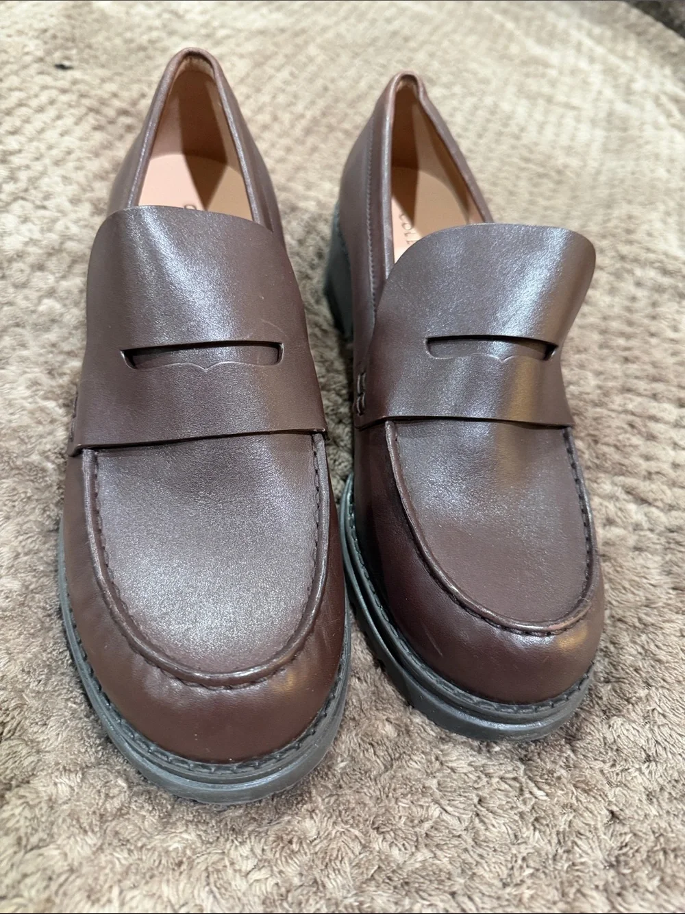 NEW Cole Haan Women's Brown Camea Lug sole Leather Penny Loafers